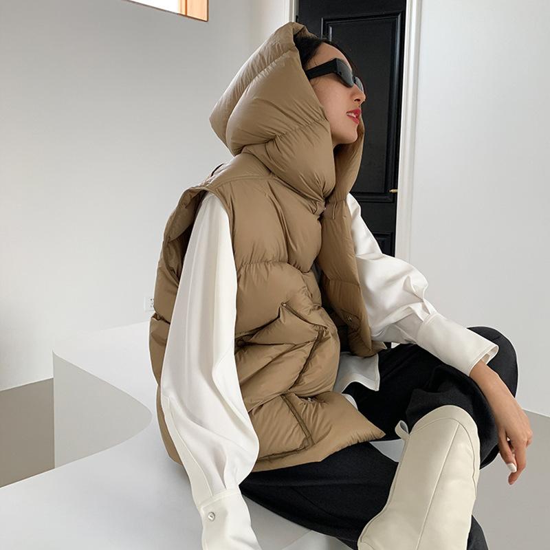 ダウンベスト レディース ゆったり 厚手 防寒 白ダウン フード付き ベスト チョッキ ポリエステル 日韓スタイル カジュアル 秋冬 ホワイト カーキ ブラック S M｜ブリルビ