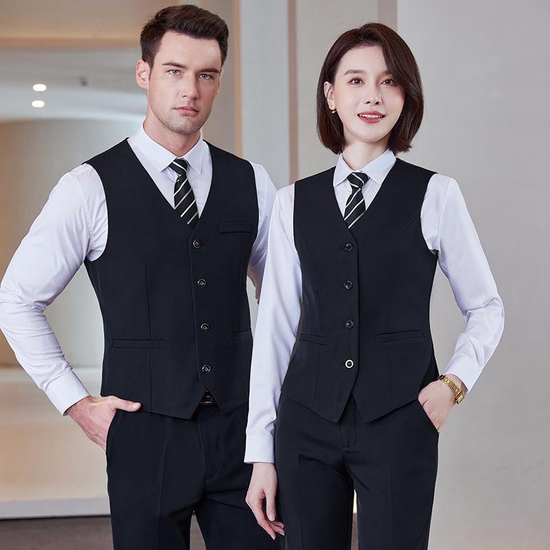馬甲 レディース メンズ 男性用 女性用 制服 ユニフォーム 事務服 ベスト チョッキ Vネック ポリエステル 毛混紡 無地 ブラック 黒 ブルー 青 パンツ スカート 上下セット セットアップ スリムフィット
