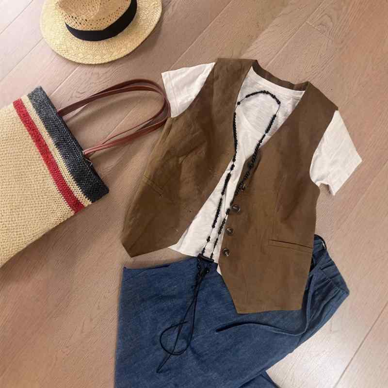 限りない レディース 麻 リネン V素っ首 ノースリーブ トップス 夏 夏 読みもの レトロ 水洗いする 赤銅色 緑であること か細い