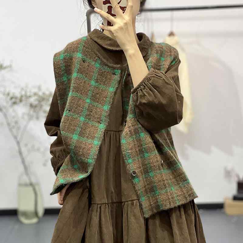 ベスト レディース 秋冬 レトロ チェック柄 森ガール ゆったり ニット 通勤 かわいい おしゃれ 普段使い ブラウン系(x2)