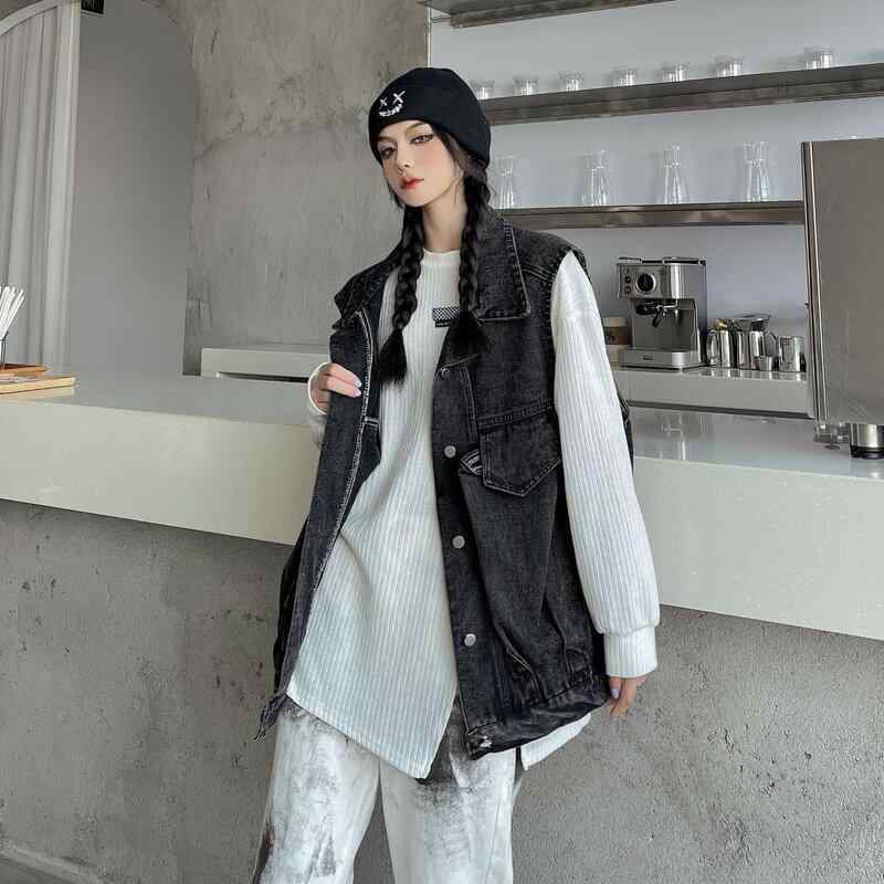 ベスト レディース デニム 韓国 ゆったり 重ね着風 チョッキ ジレ ワーク 春夏 ウォッシュ加工 ブルー ブラック