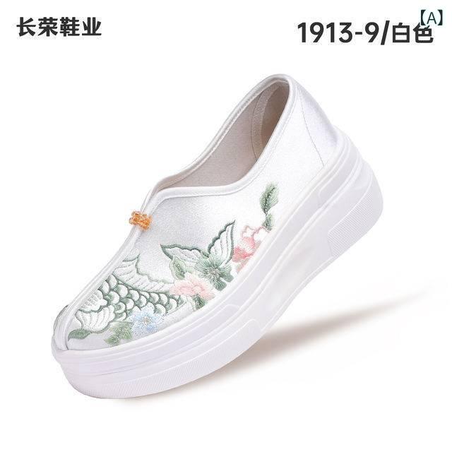 厚底シューズ レディース 刺繍 古風 手作りシューズ 民族風 ラウンドトゥ チャンキーヒール 布製 エスニック調 春夏 秋