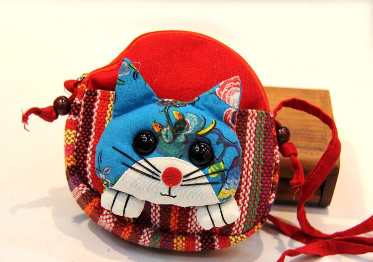財布 レディース ショルダーバッグ 布製 ミニバッグ かわいい 猫 麻布 手作り ポシェット 赤 紫色 青 ピンク系(x3)