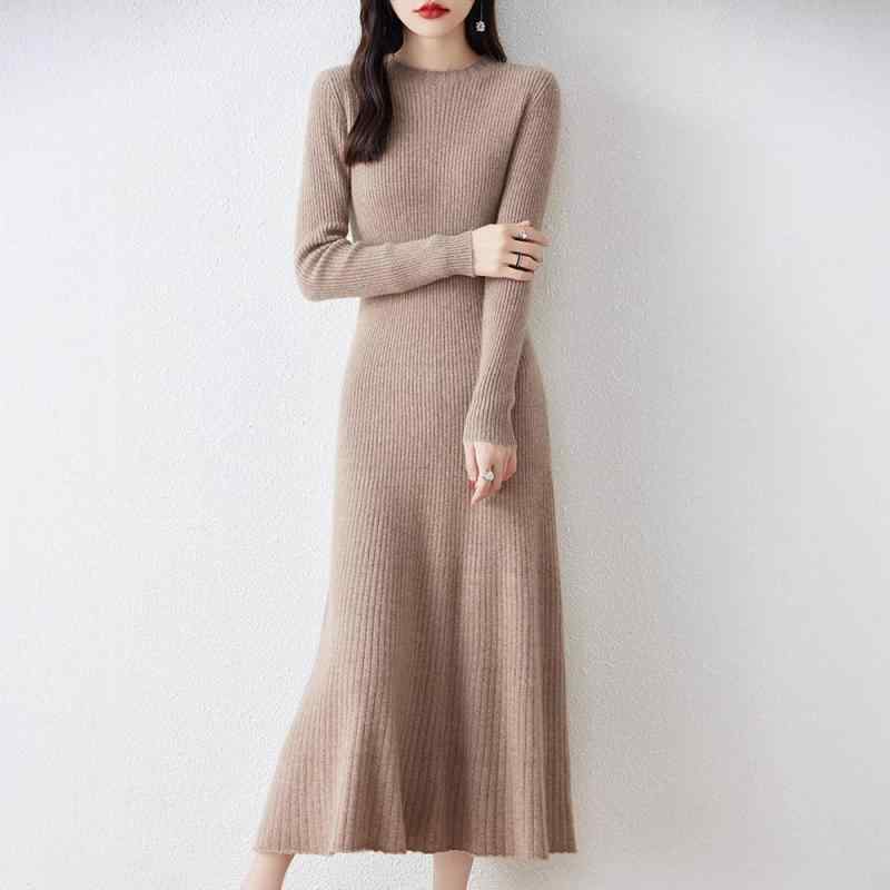 ワンピース レディース 秋冬 羊毛 Aライン ニットワンピース ロング丈 ラウンドネック 厚手 修身 無地 普段使い 通勤 きれいめ 伸縮性｜ブリルビ