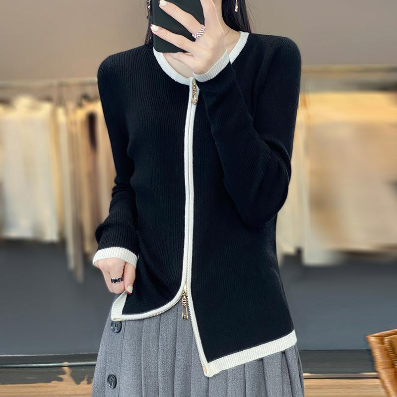 ジレー レディース 編み物 毛糸 フロントジップ 色彩設計 ラウンドのど頚 長袖 トップス 翰林院風 可愛らしい 好いたらしいめ 黒いこと 薄墨色 白いこと 青味