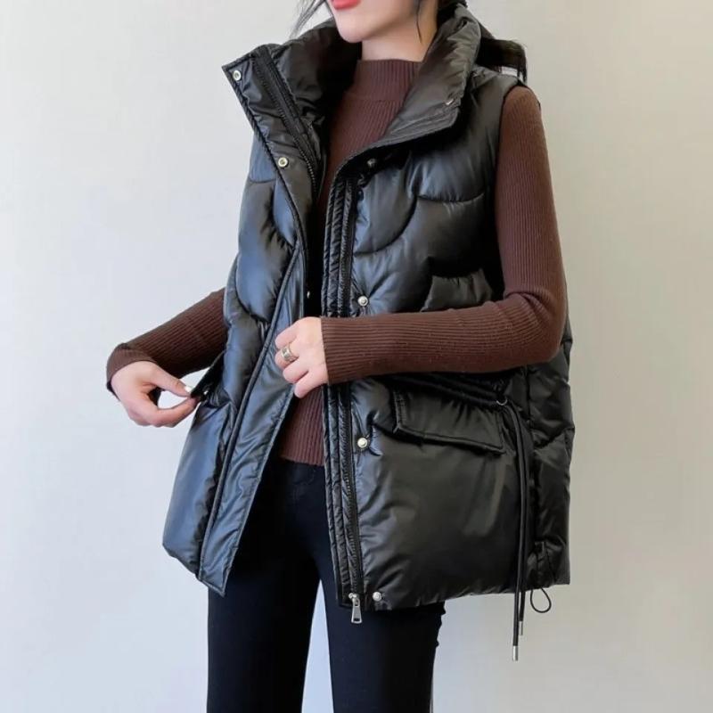 ベスト レディース 秋冬 短め丈 ゆったり スタンドカラー あったか チョッキ ポリエステル 黒 白 M L XL 2XL|ブリルビ