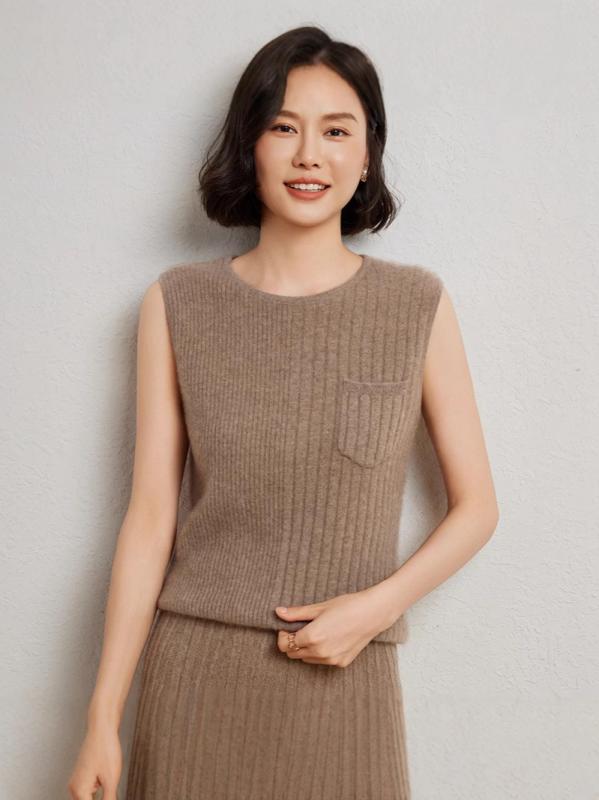 ニットベスト レディース 秋冬 女性用 ラウンドネック 混 畦編み プルオーバー スリム ノースリーブ トップス 肩掛け風 重ね着 ミルクホワイト ベージュ キャメル2｜ブリルビ