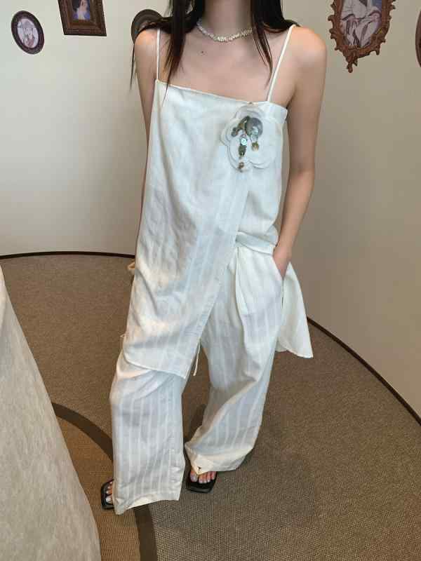 タンクトップ レディース 手工花 コットン 中長丈 吊り 背中開き ゆるかわ リゾート ウェア クリーム アプリコット2