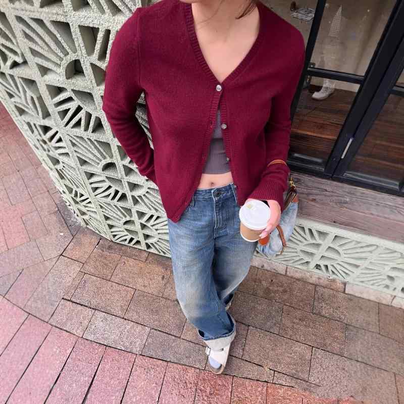ジレー レディース Vのど頚 毛糸 編み物 トップス 長袖 秋冬 か細い相応う 黒 黒いこと 薄墨色 ブドウ酒赤いこと