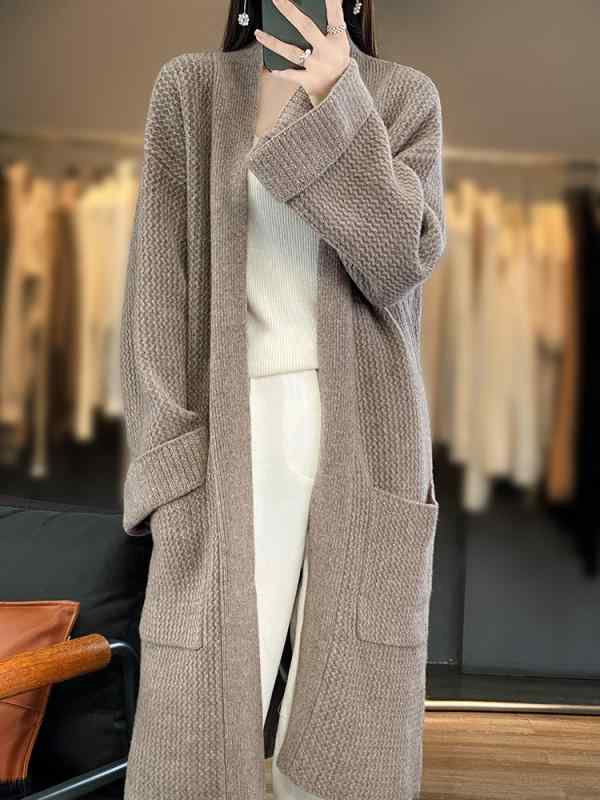 ニット レディース Vネック カーディガン ロング丈 ウール コート 秋冬 厚手 ゆったり ショール 膝丈 アイボリー グレー キャメル