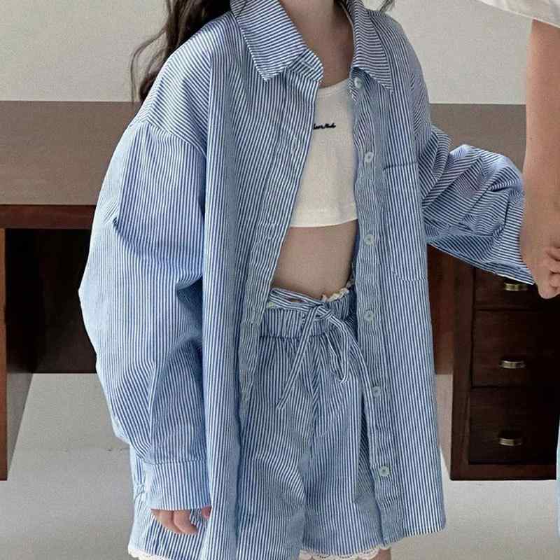 子供服 女の子 セットアップ 春物 シャツ ジャケット ショートパンツ ブルーストライプ 100cm 110cm 120cm 130cm 140cm 150cm 160cm 170cm