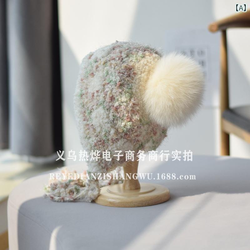 ニット帽 レディース 秋冬 防寒 保温 暖かい 帽子 キャップ 毛糸 狐 PomPom ポンポン付き ベージュ ブラック マスタード ワインレッド2