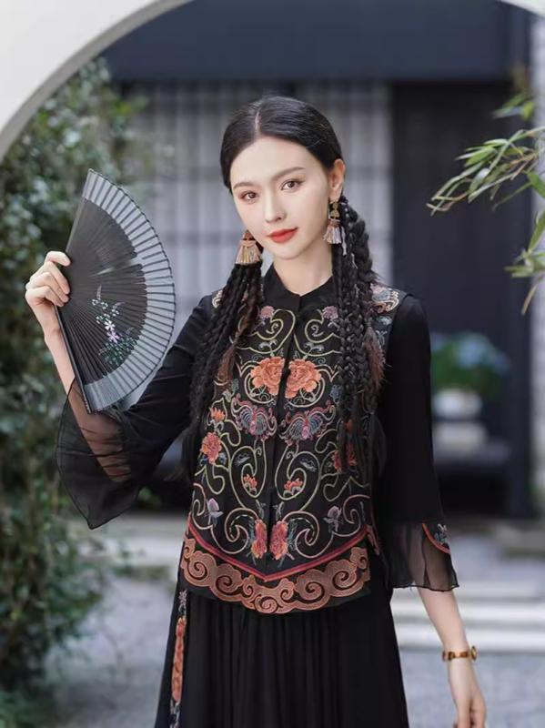 ベスト レディース 女性用 中華風 レトロ エスニック 刺繍 立襟 開き カーディガン ジャケット 天糸 M L XL XXL XXXL ブラック