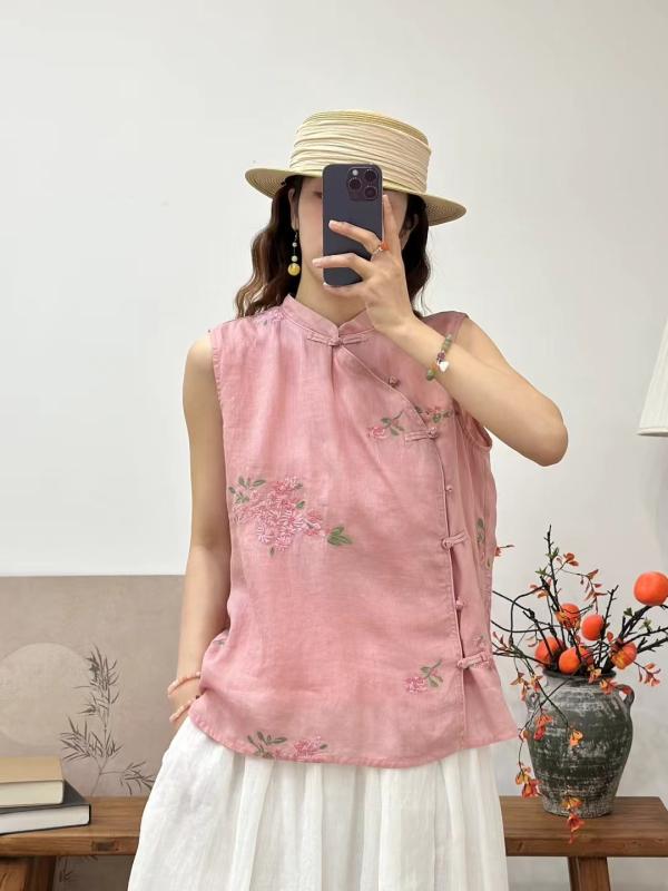カーディガン レディース リネン 刺繍 レトロ チャイナボタン ゆったり 立ち襟 ノースリーブ リネン 麻 花柄 文芸風 普段使い2