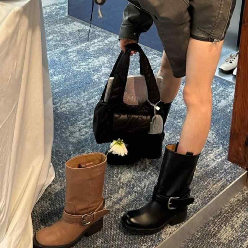 ブーツ レディース 革 ウェスタンブーツ 遊撃手ブーツ 中筒ブーツ 太め筒 チャンキーヒール 牛皮 秋冬 黒 黒いこと 赤銅色 35 36 37 38 39 40