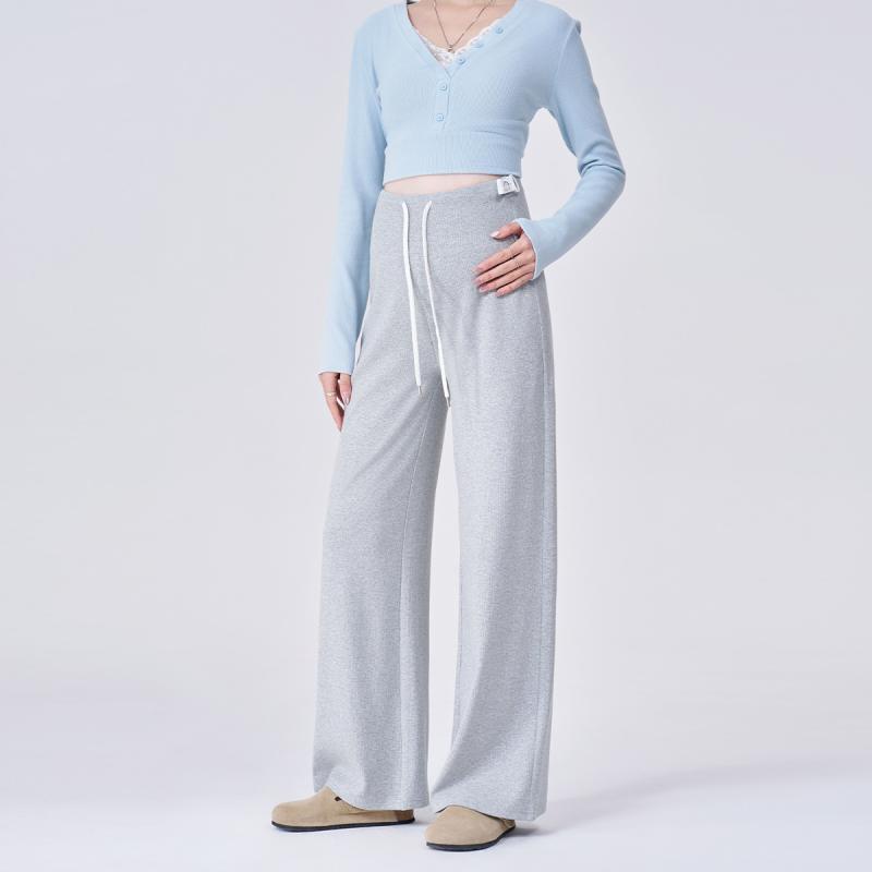 マタニティ パンツ 春夏 ワイドレッグ 妊婦服 産前産後 ロングパンツ ゆったり 楽ちん ルームウェア 部屋着 墨黒 花グレー｜ブリルビ