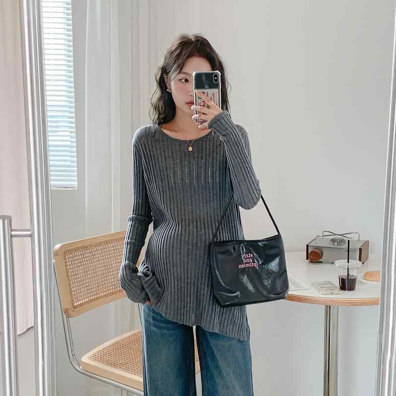 マタニティ ニットシャツ レディース 妊婦 トップス 授乳服 チュニック 長袖 セーター ゆったり カットソー ミドル丈 グレー 辛子色 ブラック 文芸復古風(x3)
