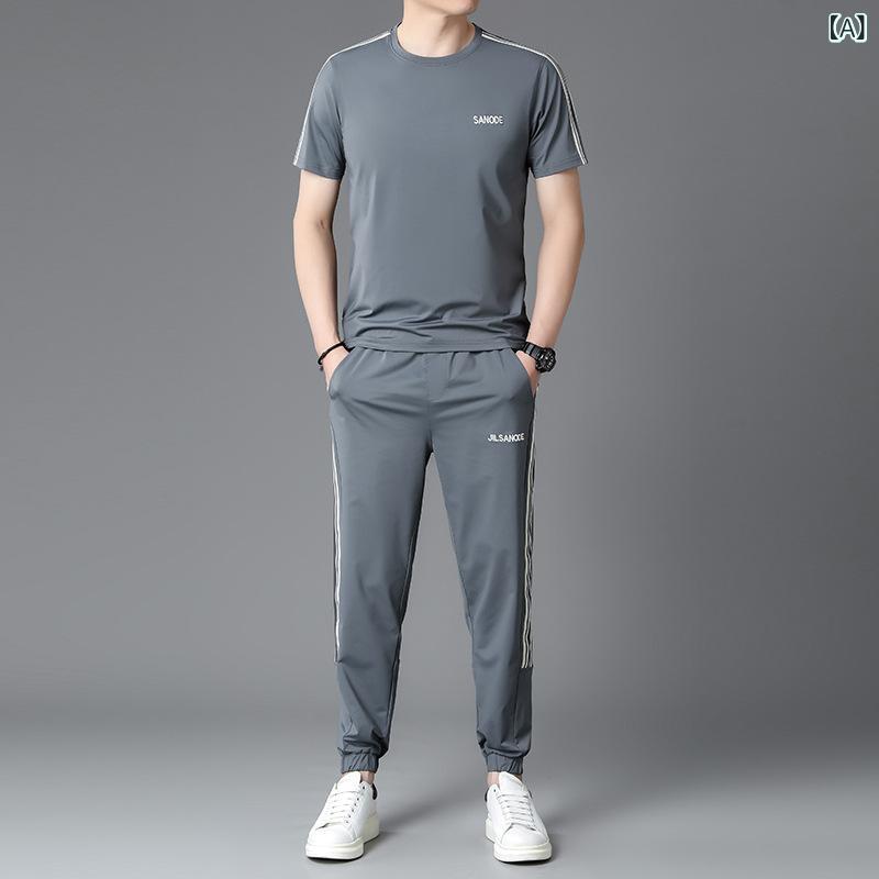 メンズ 接触冷感 薄手 半袖Tシャツ & 長ズボン or 短パン 2点セット 男性用 部屋着 ルームウェア 運動着