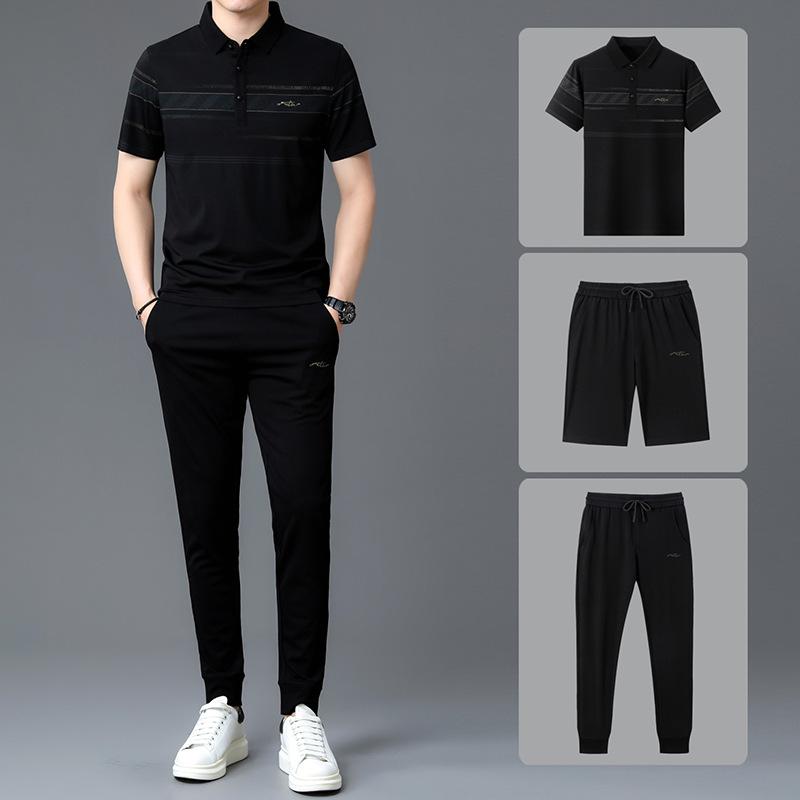 セットアップ メンズ 男性用 半袖 Tシャツ & 長ズボン 3点セット 接触冷感 部屋着 ルームウェア 運動着 スポーツウェア ブラック ホワイト