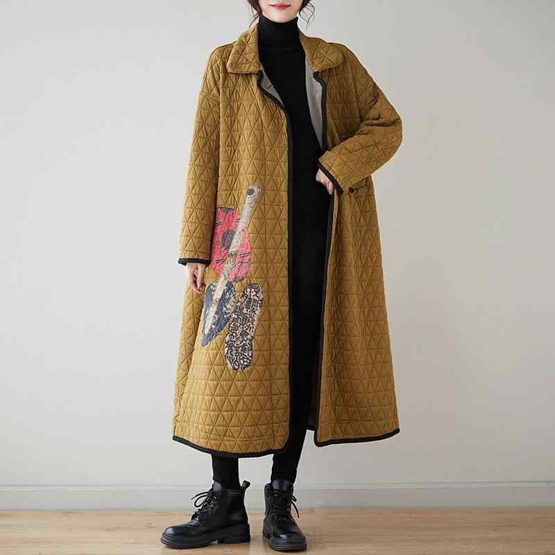 コート レディース 大きいサイズ 秋冬 厚手 コットン 文芸 レトロ 花柄 ロング丈 ベージュ カーキ ゆったり フード付き