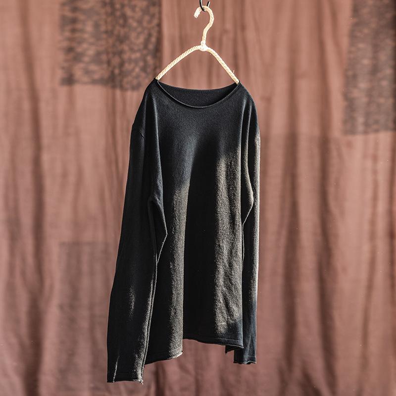 ニット レディース 綿麻 カットソー 秋冬 長袖 スリムフィット コットン Tシャツ 伸縮性 クルーネック 黒 ブラック系 麻色(x2)