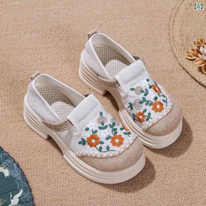2025 新型の 女子 学生 刺繍 布の 靴の 厚手 底の ハイヒールの 靴の 民族の 風の 亜 麻の 学生 布の 靴