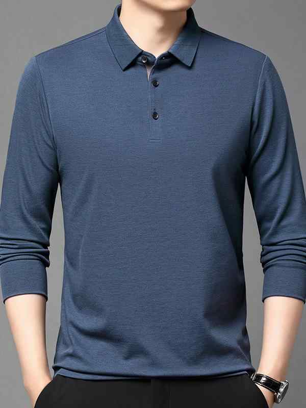 Tシャツ 男性用 ウール トップス 春秋 長袖 普段使い 薄手 無地 襟付き 紳士服 リラックス 雨林グリーン 紫レッド 上青 深グレー グレーグリーン ランダム