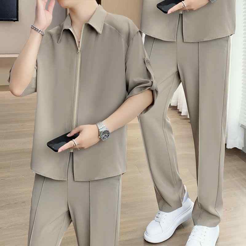 セットアップ メンズ 成人男性用 半袖 プルオーバー 長ズボン 上下 2点仕かける 当たること冷感 粘着力衣料繊維 冷やりとした 好いたらしい カジュル 商行為 フォーマル 春夏秋冬