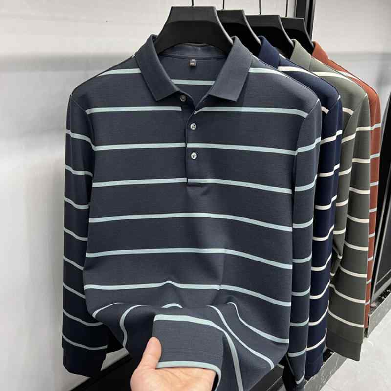 Tシャツ メンズ 男性用 長袖 ポロシャツ 襟付き ストライプ 提花 斜紋 純綿 秋物 カジュアル 普段使い 部屋着 ブルー系 グリーン系 オレンジ