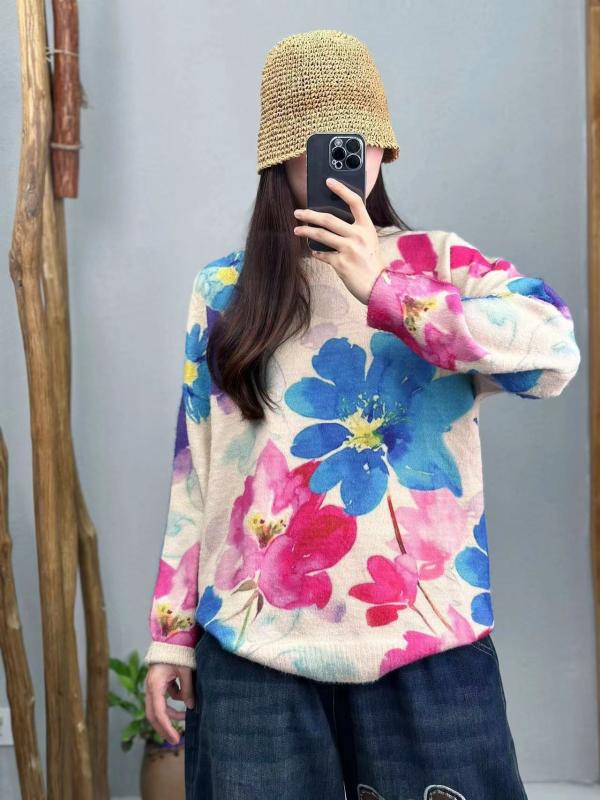 ニット レディース 秋冬 ドロップショルダー 花柄 ファー タッチ プルオーバー ゆったり かわいい 暖かい ブルー系(x5)｜ブリルビ