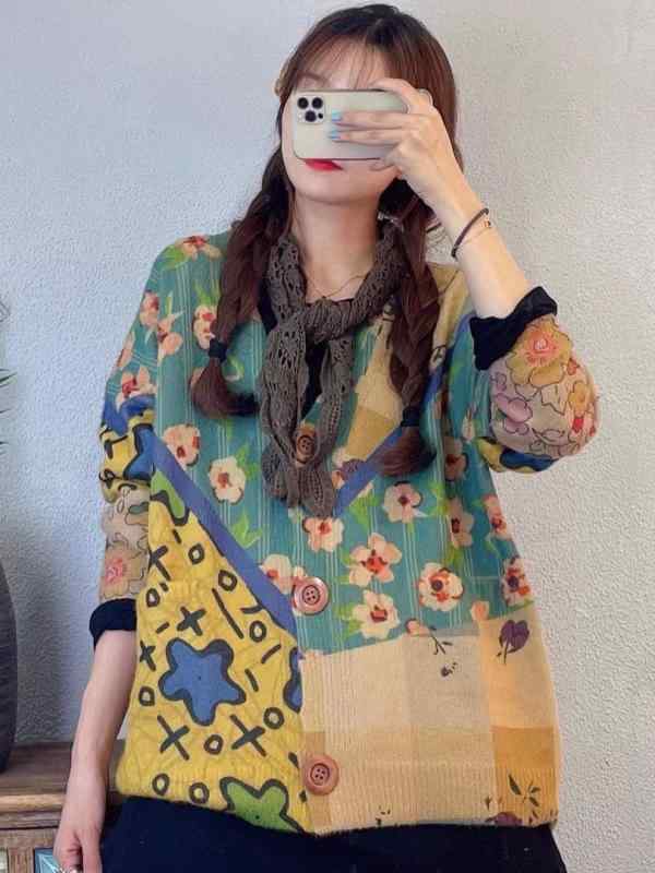 カーディガン レディース Vネック トップス 秋冬 レトロ 花柄 ファー ニット セーター 長袖 婦人服(x5)｜ブリルビ