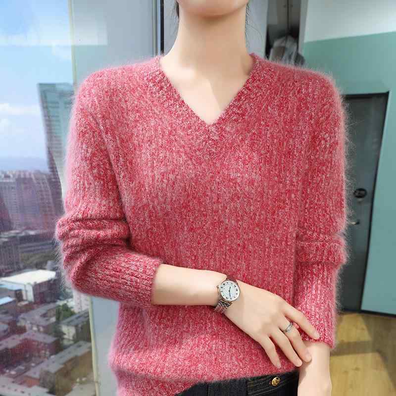 ニット レディース 秋冬 貂(テン)の毛 Vネック プルオーバー ゆったり 厚手 ウール トップス 配色 花柄 シャーリング