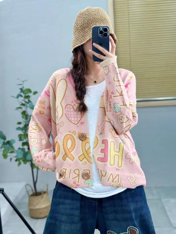 ニット カーディガン レディース 秋冬 貂?風 トップス Vネック 長袖 プリント ゆったり かわいい 普段使い 韓国 花柄 配色(x5)