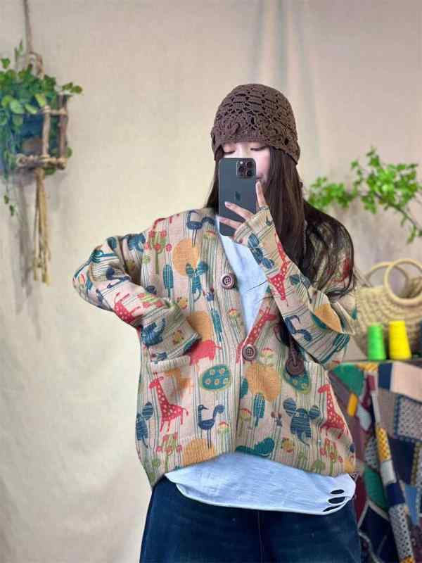 編み物 レディース 毛皮 カディガン Vのど首 トップス アクリル樹脂混紡 毛の荒物柄 刷り上げる ゆったり 長袖 港風 秋冬 通い 普段使い走り(x5)