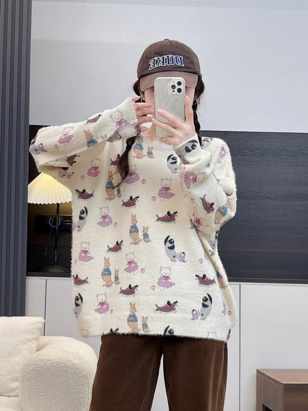 ニット レディース ファータッチ セーター アニマル柄 ラウンドネック プルオーバー ゆったり 長袖 秋冬 かわいい カジュアル(x5)|ブリルビ
