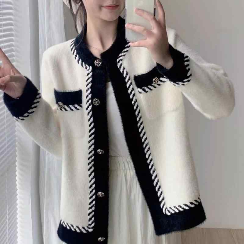 カーディガン レディース 小香風 撞色 長袖 ニット ラウンドネック フェイクファー 秋冬 ゆったり かわいい 私服名媛風(x2)