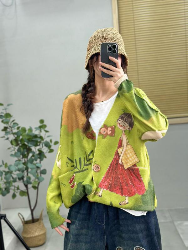 編み物 ジレー レディース Vのど首 ゆったり 貂?風 ニットソー トップス 秋冬 長袖 アクリル樹脂 刷り上げる柄 心地よい 普段使い走り 緑 緑であること系(x5)