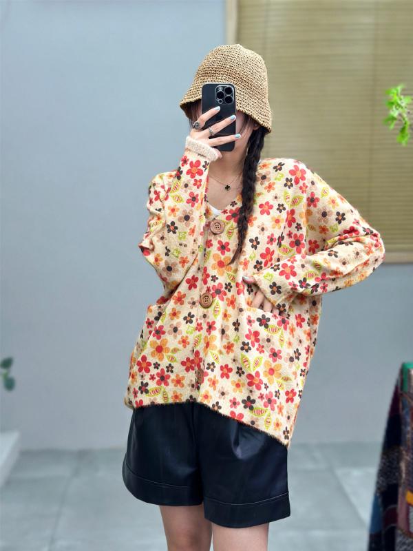 編み物 レディース ジレー 秋冬 Vのど首 花柄 刷り上げる ゆったり 生あたたかい 毛皮 風 混紡 港風 好いたらしいめ 愛くるしげ 会う約束(x5)