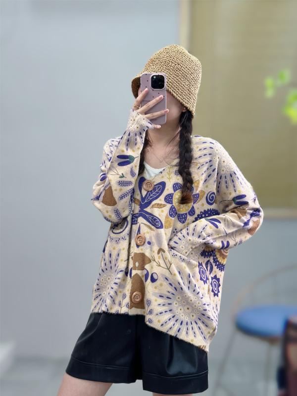編み物 レディース 毛皮 ジレー 秋冬 墨付き風 花柄 刷り上げる Vのど首 ゆったり 長袖 トップス 通い 心地よい 普段使い走り(x5)