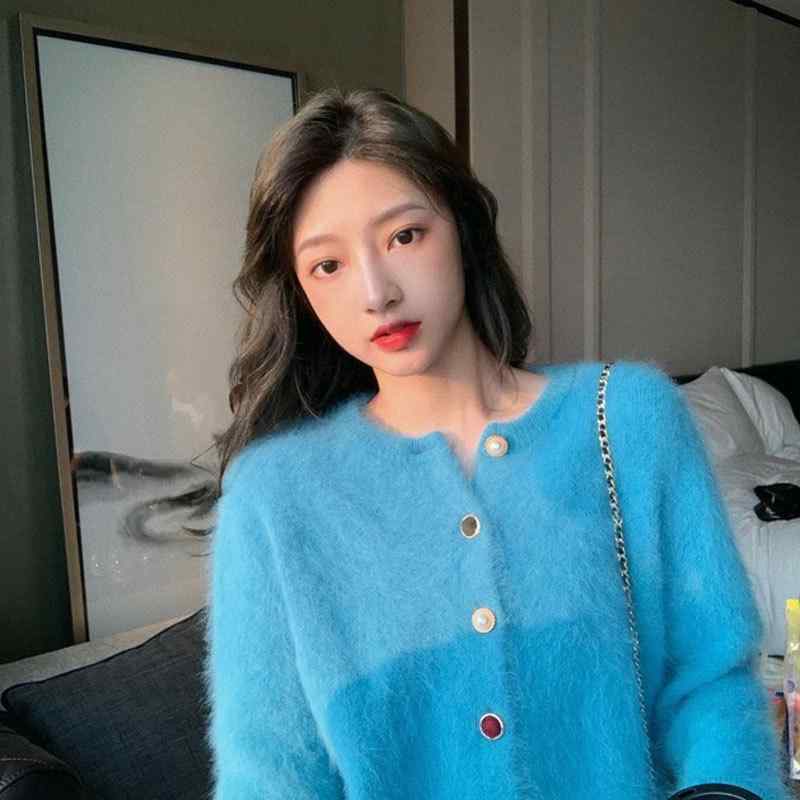 カーディガン レディース 婦人服 秋冬 ゆったり 暖か ニット ショート丈 ラウンドネック 長袖 オレンジ ピンク系(x2)