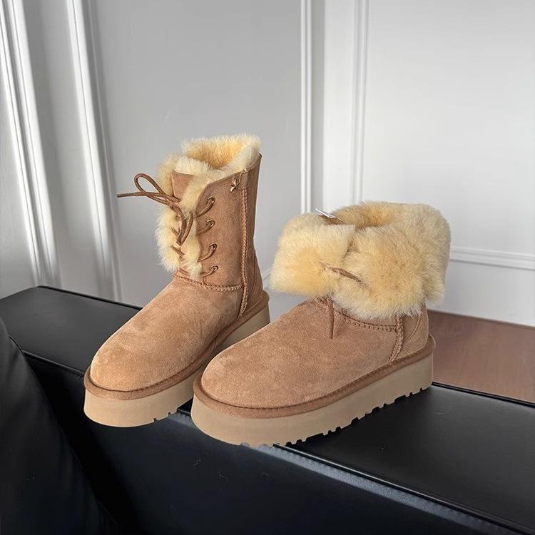 雪駄 レディース ムートン 厚底 紐付き 防寒 保温 2way ミドル丈 スノーブーツ 羊革 EVAソール ラウンドトゥ レースアップ 4cmヒール 秋冬 日常 普段使い 栗色