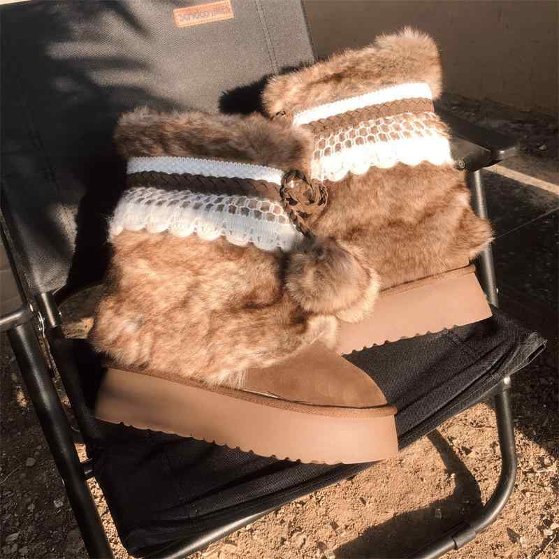 雪地靴 レディース 中筒 ムートンブーツ 厚底 軽さ 生あたたかい 防滑 スノーブーツ 御上さん靴 秋冬 ラウンドトゥ 5糎踵 22糎丈 赤銅色 薄墨色