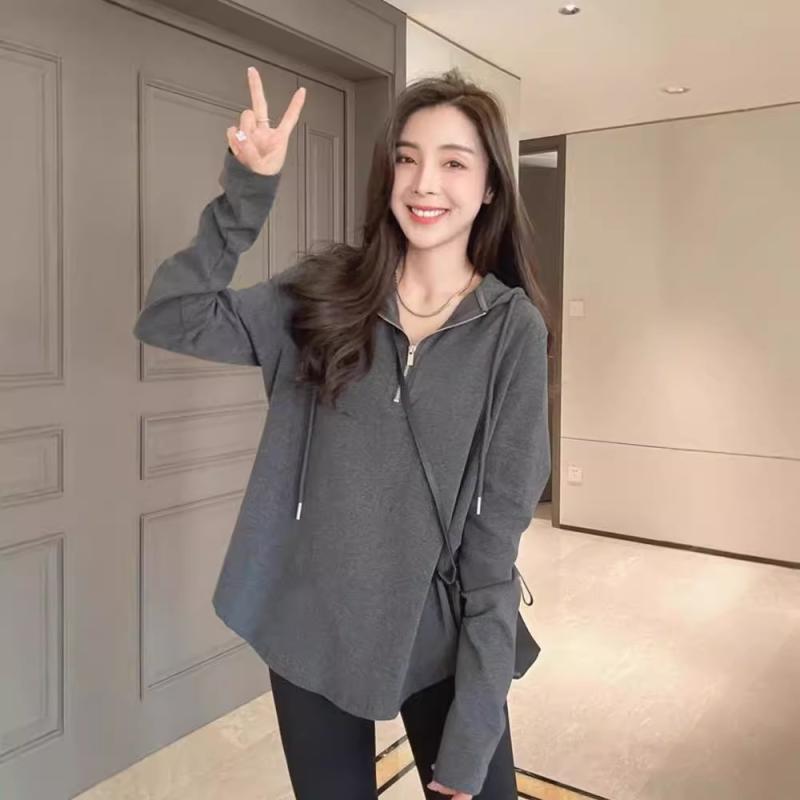 Tシャツ レディース 長袖 大きいサイズ パーカー プルオーバー トップス 通勤スタイル 無地 フード付き 伸縮性 コットン ポリエステル ブラック グレー