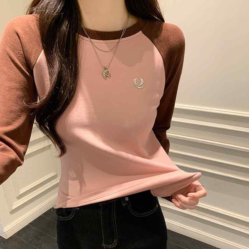 Tシャツ レディース 長袖 春秋 トップス スリムフィット 配色 インナー 綿混紡 粘? 刺繍 黒花灰 ・稀?粉 栗浅・柑 通勤
