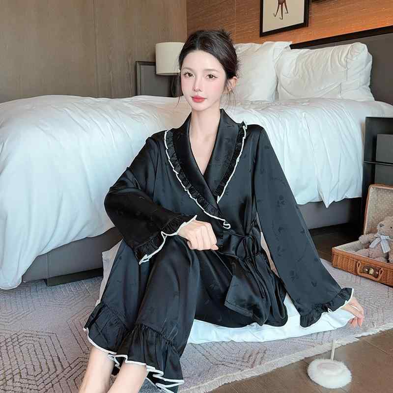 パジャマ レディース 春秋 豪華感 フレンチスタイル ジャガード 再生繊維 長袖 長ズボン ルームウェア セットアップ 薄手 接触冷感 部屋着 寝巻き 婦人服 ブラック ホワイト