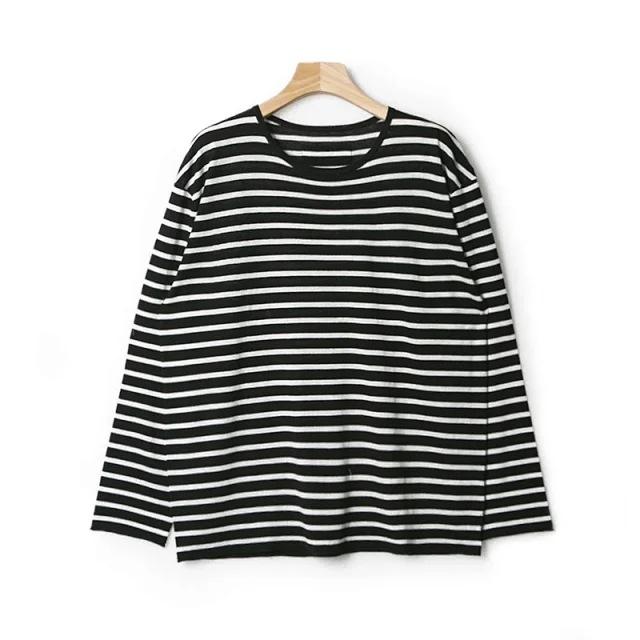 Tシャツ レディース 春秋冬 ウール混 軽量 柔らかい ドロップショルダー 配色 ボーダー柄 長袖 ラウンドネック カットソー トップス カジュアル 日韓スタイル 黒白 XS S M(x2)