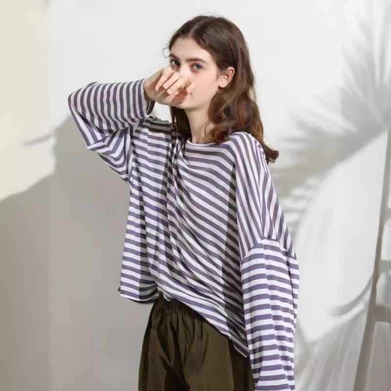 Tシャツ レディース 春物 ストライプ柄 天? 羊毛 ニットソー ドロップショルダー ゆったり 文芸風 パープル系(x2)