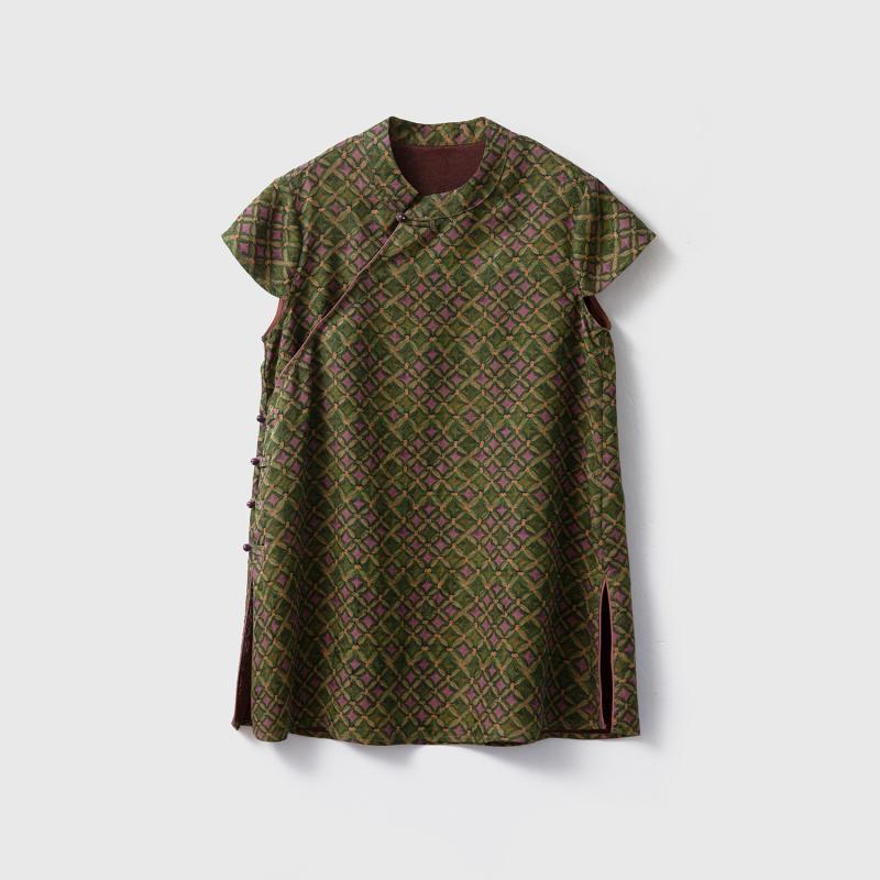 Tシャツ レディース 香云? チャイナ風 花柄プリント 半袖 トップス 桑蚕? スタンドカラー 斜めボタン開き エレガント レトロ Aライン グリーン系