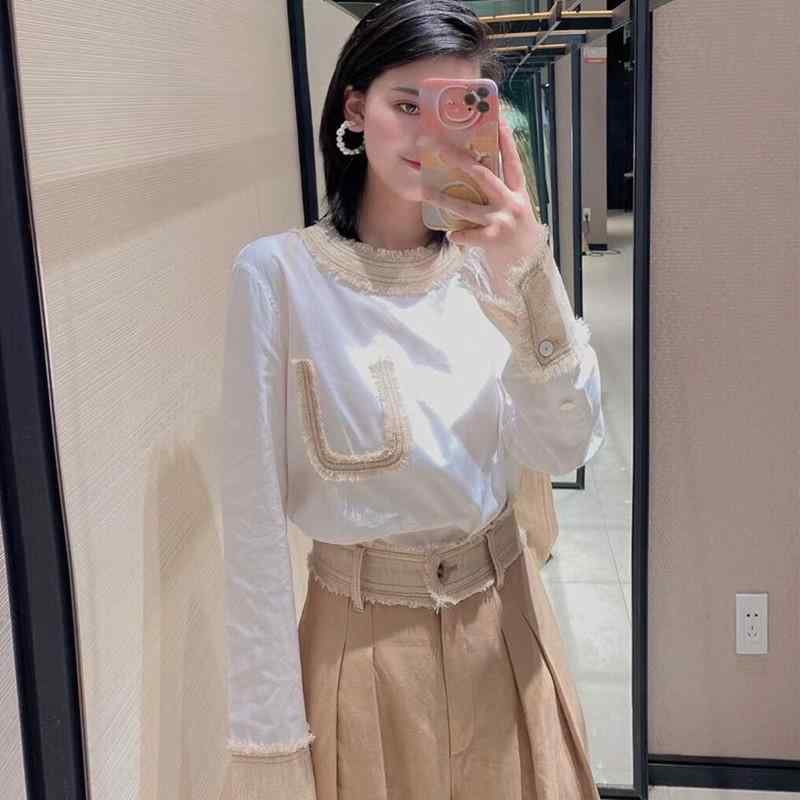 Tシャツ レディース 秋冬 長袖 プルオーバー ラウンドネック コットン 切り替え レトロ トップス(x2)