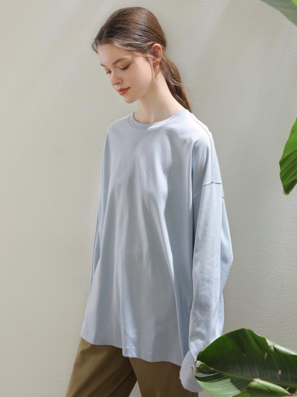 Tシャツ レディース 長袖 コットン ドロップショルダー ゆったり 楽ちん リラックス トップス ブラウス カットソー 文芸風 浅ブルー(x2)